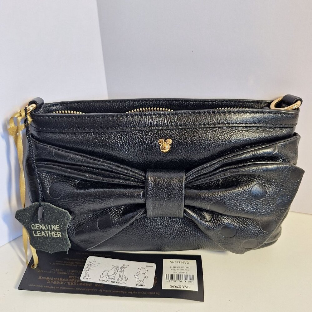 Disney Store Black Minnie Mouse Polka Dot Bow Lrather Gold Accents Dust Bag New - Picture 2 of 10